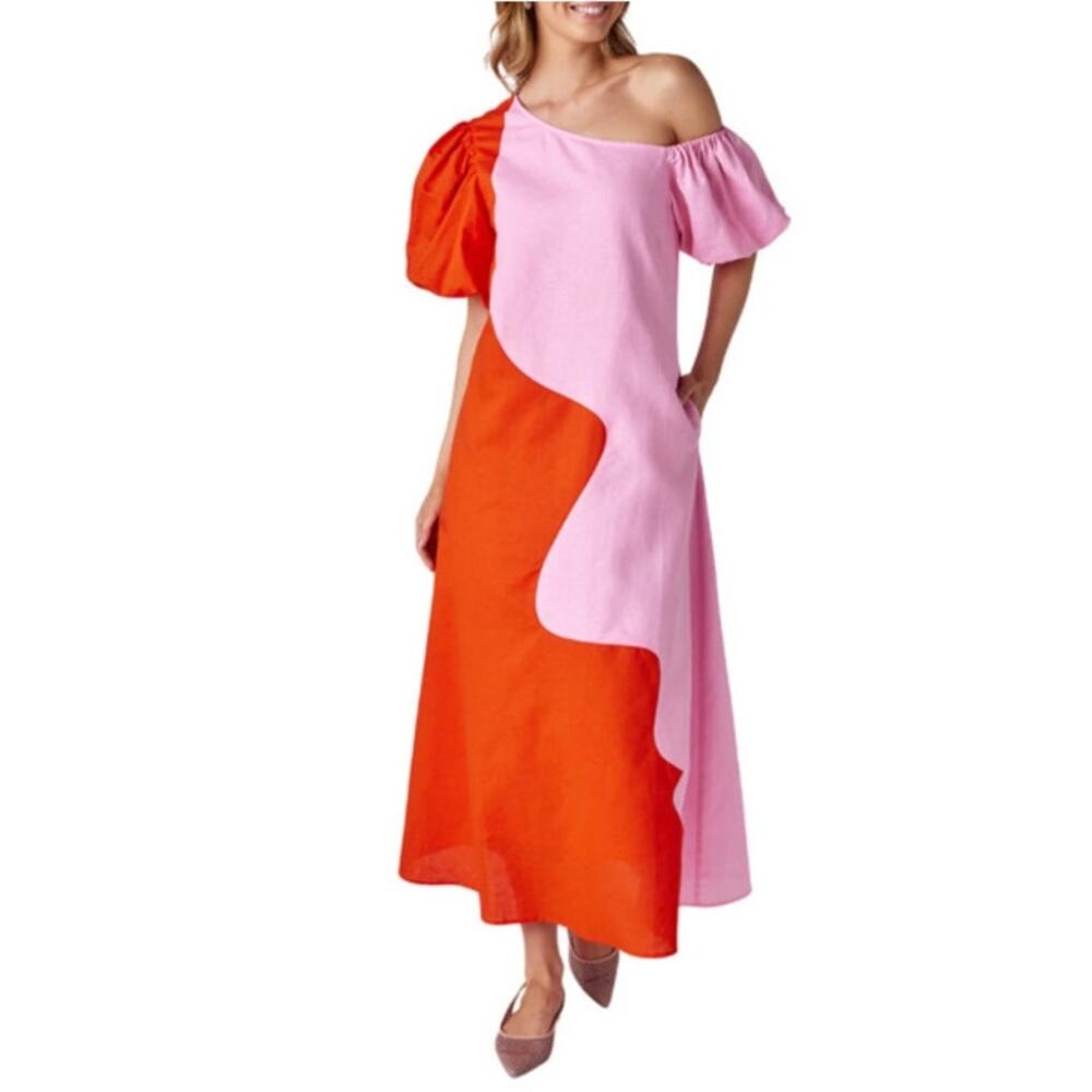 Crosby by Mollie Burch Lovett Colorblock Puff Sleeve Linen Maxi Dress XXL Pink